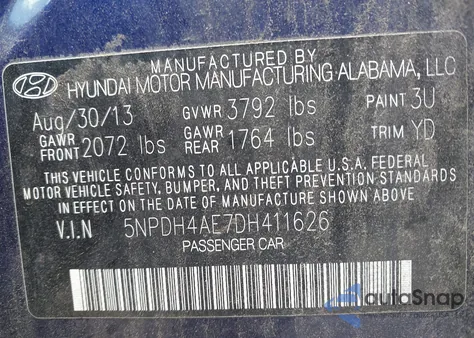 2013 Hyundai Elantra Gls z USA, uszkodzony, nr VIN 5NPDH4AE7DH411626